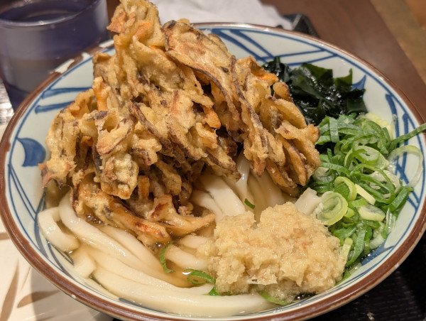 「かけうどん（大）、ごぼう天」@丸亀製麺 新宿三井ビルの写真