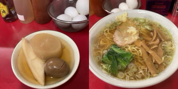 「ニンニク入り大盛ラーメン＋おでん3個　1350円」@バリバリラーメンの写真