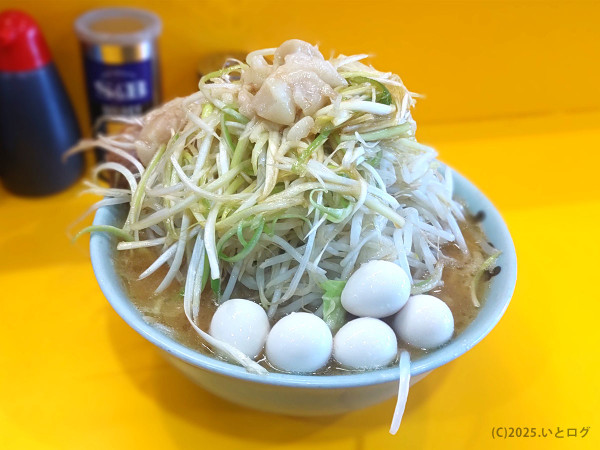 「小ラーメン（＋ウズラ＋ネギ）」@ラーメン二郎 八王子野猿街道店2の写真