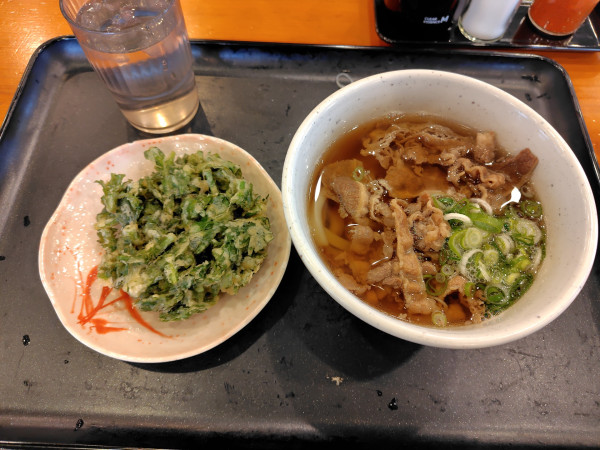 「肉うどん小480円、春菊天170円」@うどん ちよ志 南吉方店の写真