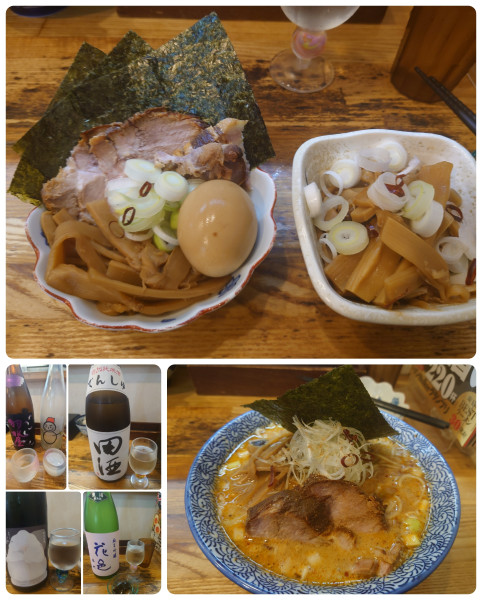 「季節限定 酸辛担麺+特製+ おつまみメンマ+ 日本酒×4」@中華そば専門 とんちぼの写真