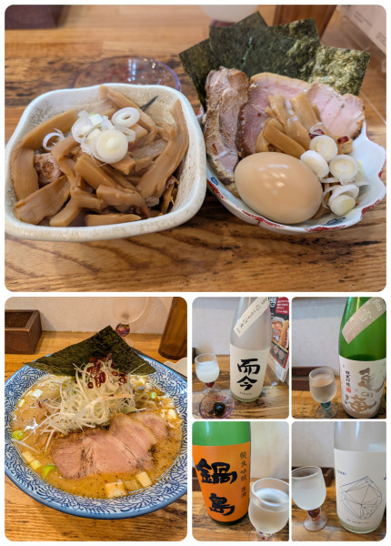 「季節限定 酸辛担麺+特製+ おつまみメンマ+ 日本酒×4」@中華そば専門 とんちぼの写真