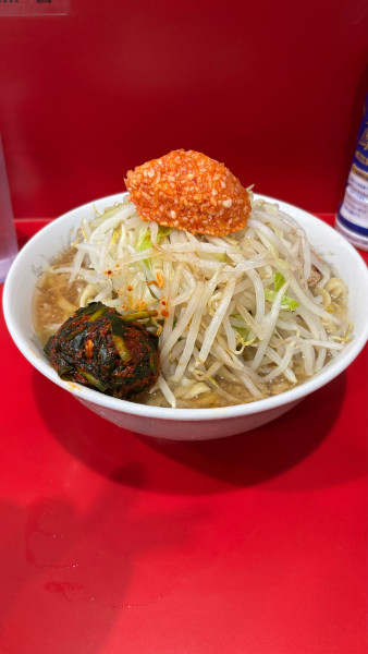 「小ラーメン(ヤサイ、カラメ)+ニラ玉、ニンニク醬」@ラーメン二郎 生田駅前店の写真
