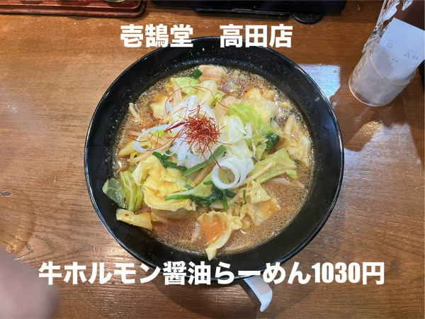 「ホルモン醤油ラーメン1030円」@壱鵠堂 高田店の写真