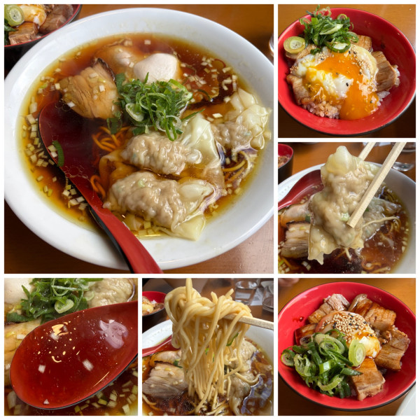 「チャーシュー肉わんたんそば黒950円チャーシュー卵丼390円」@中華そば カリフォルニアの写真