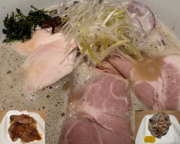 「鶏白湯煮干しラーメン+レバカツ+ジャンボ焼売」@らーめん 茂治の写真
