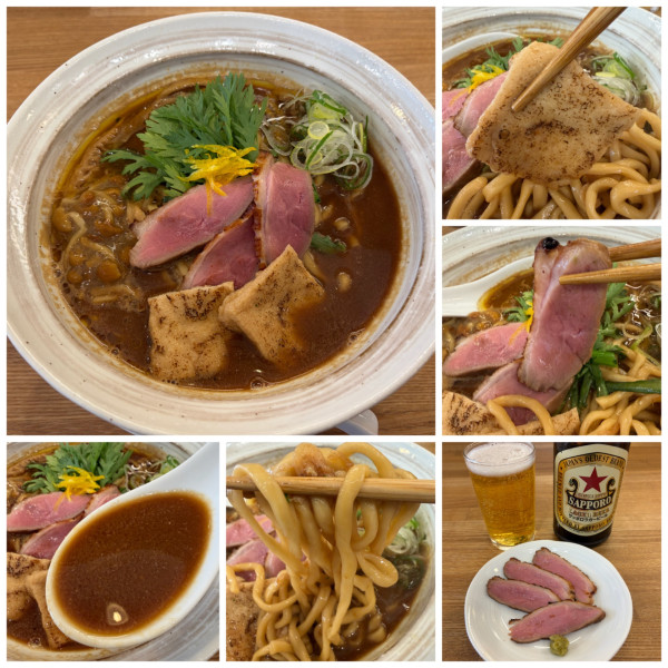「【季節の気まぐれ限定】赤味噌そば1400円鴨肉380円ビール」@中華そば きなりの写真