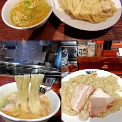 『つけ麺 塩+大盛(￥1200+150)』を平打ち麺で...